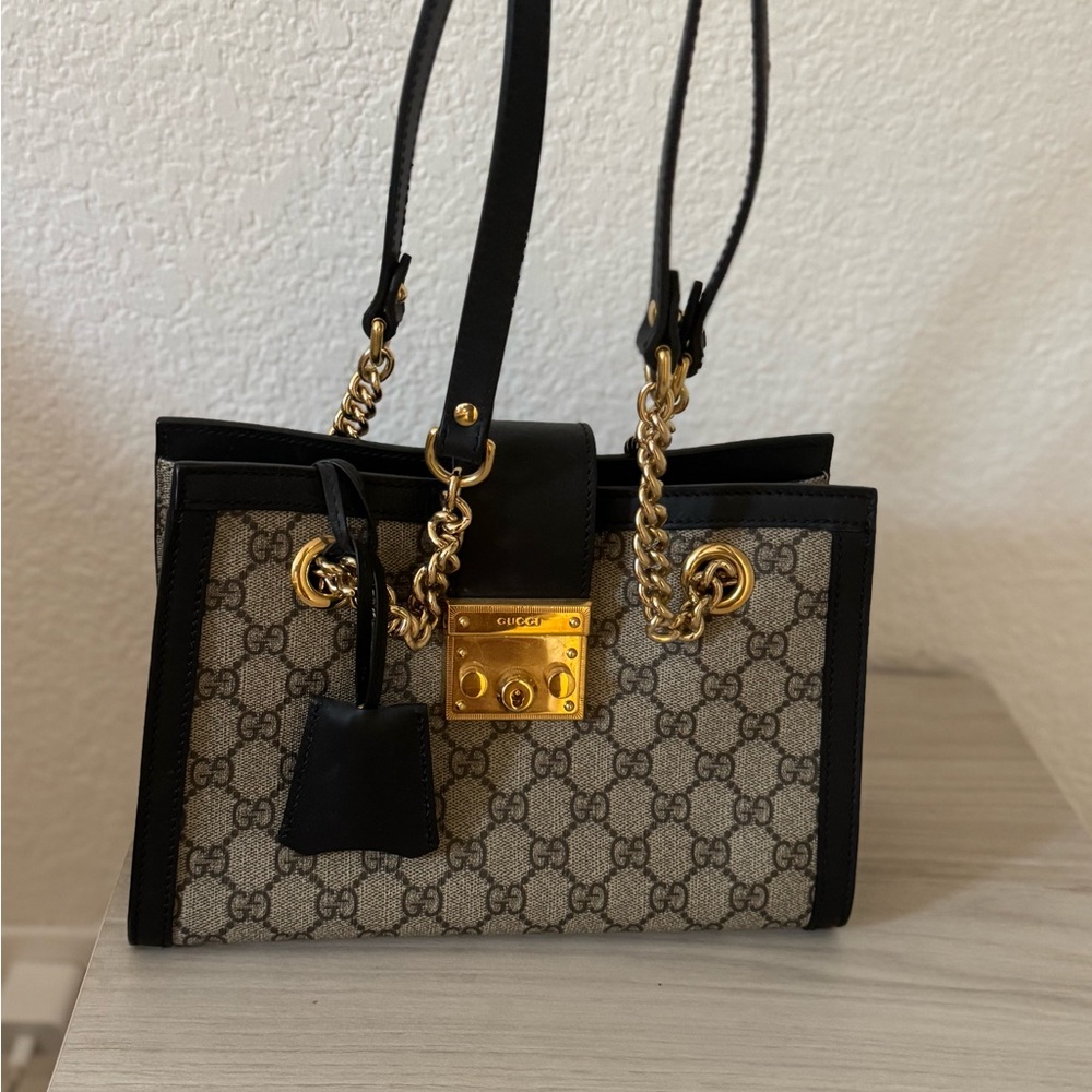 Gucci Beige and Black Shoulder Bag with Gold Accents
